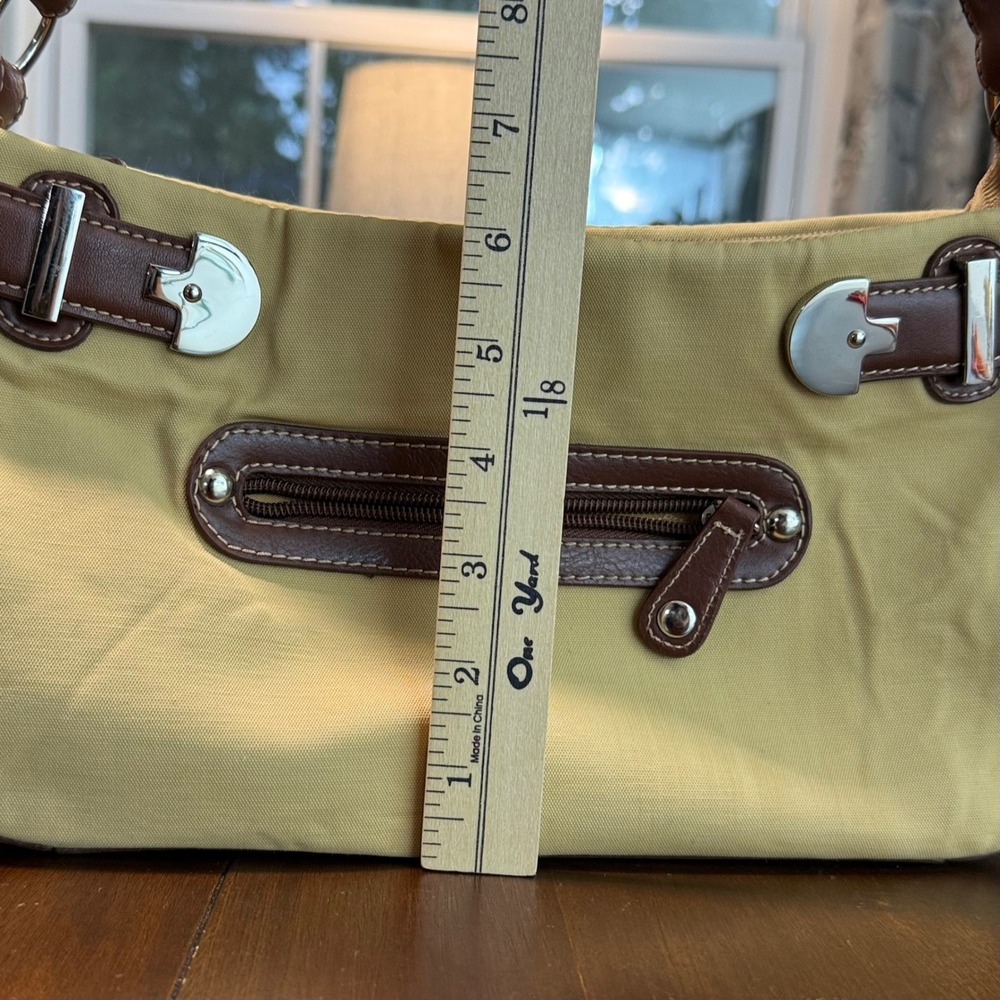 Etienne Aigner Small Shoulder Bag Tan Brown Trim Pockets Buckle Y2K Preppy - Picture 10 of 11